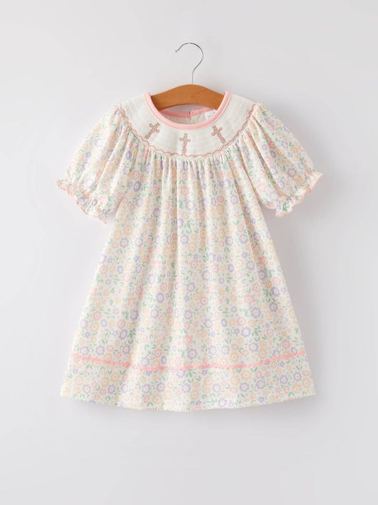 Cross Embroidered Smocked Dress