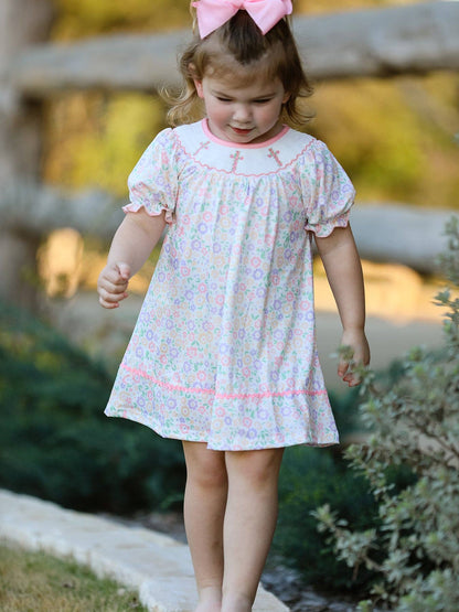 Cross Embroidered Smocked Dress