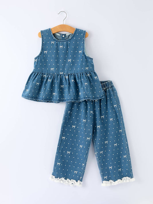 Denim Ruffle Top and Pants Set